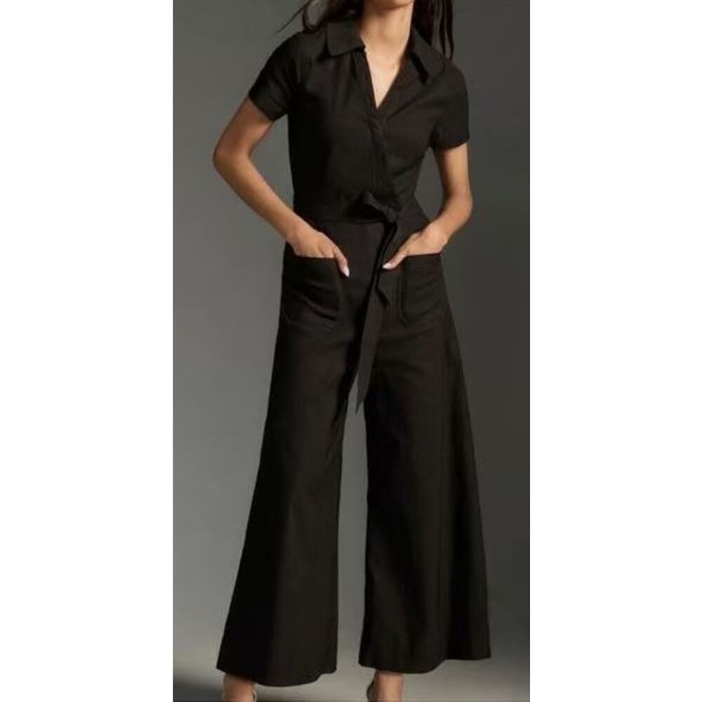 Maeve by Anthropologie Size 4 Colette Wrap Jumpsuit Black Linen Cotton Blend